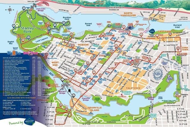 Mapa de ônibus de Vancouver Hop On Hop Off